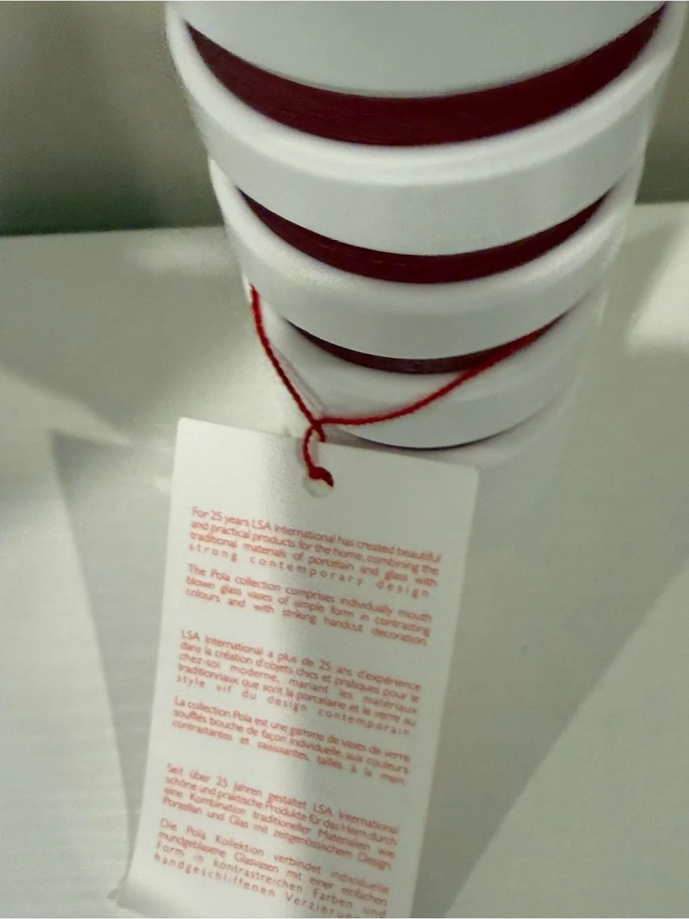 NWT Vintage LSA international White Vase with Red Ring Accents